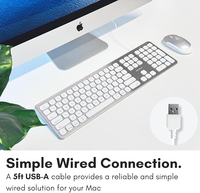 Macally Wired Keyboard for Mac with USB Ports for Mouse - Compatible Apple Keyboard for MacBook Pro/Air, iMac - Aluminum Frame