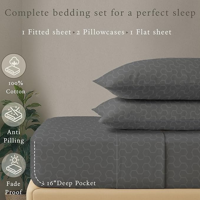 Threadmill 500 Thread Count Twin Size 3 Pc Luxury Cotton Bedding Set, Jacquard Floria Dark Grey, Breathable Sheets with 15" Elasticized Deep Pocket, 1 Pillowcase & Free Tote Bag