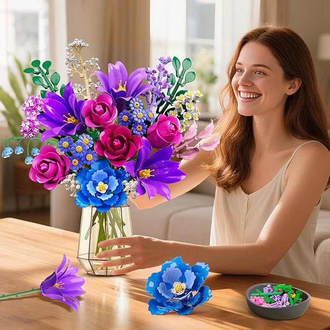 Flowers Bouquet Building Set with LED Light, 21 Flower Botanical Collection Building Block Toy, Rose Lily Home Plant Decor 1054PCS for Her Adults Women Kids Girls 12+ (Purple)