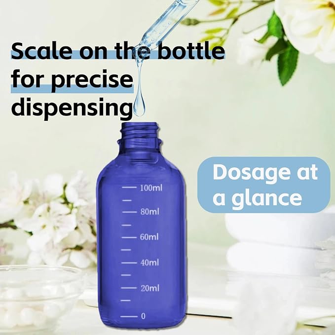 Blue Glass Dropper Bottle 3.4 oz, 2x100ml Blue Glass Eye Dropper Bottles for Essential Oils with Dropper Pipettes, Funnel, and A Plastic Measured Dropper for Diffuser, Beauty Oil Mix