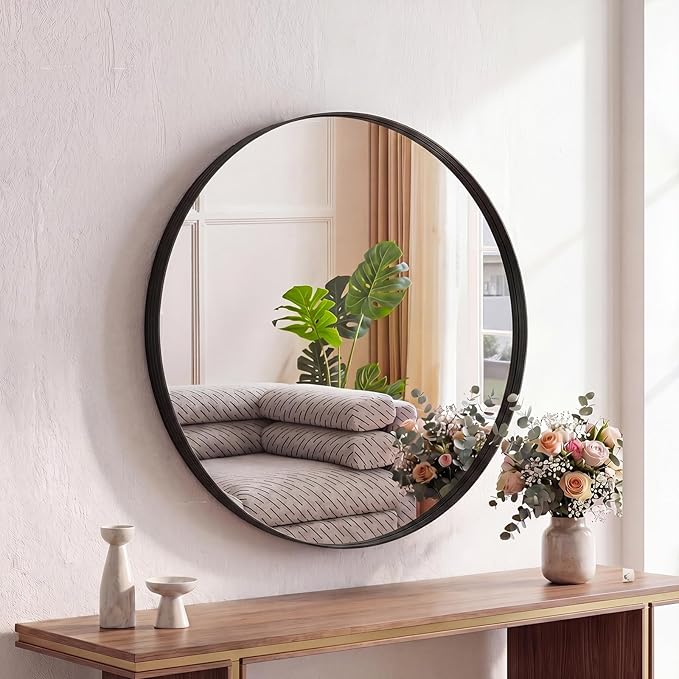 Sweetcrispy Bathroom Round Mirrors for Over Sink, 24 Inch Wall Circle Mirror with Matte Metal Frame, Modern Wall Mount Vanity Mirror for Home Decor, Living Room, Bedroom, Black