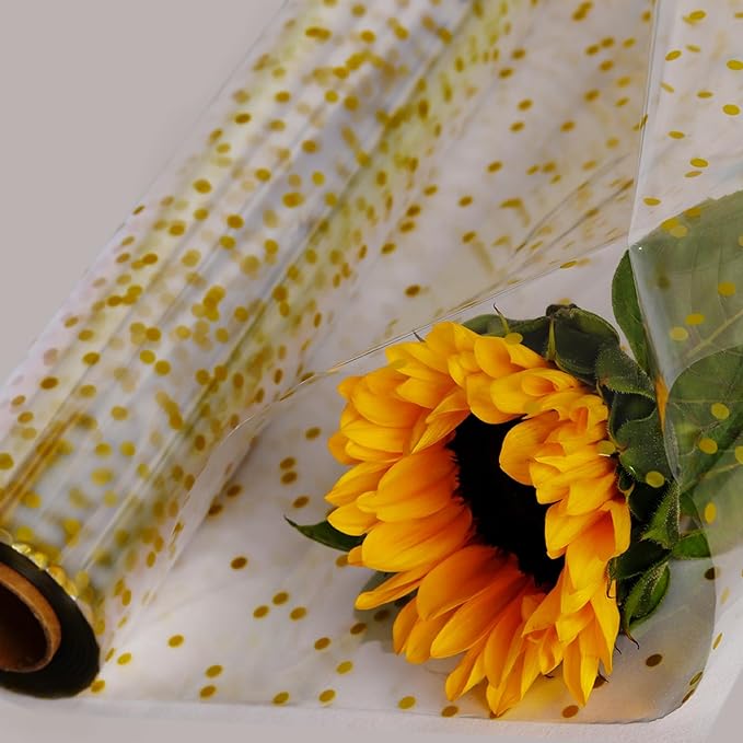 CMFYHM Clear Cellophane Wrap Roll(34" x 120’Ft) 3Mil Gold Polka Dot Cellophane, Cellophane Gift Wrap Roll, Cellophane Wrap for Gifts, Baskets, Flowers, Party Decorations