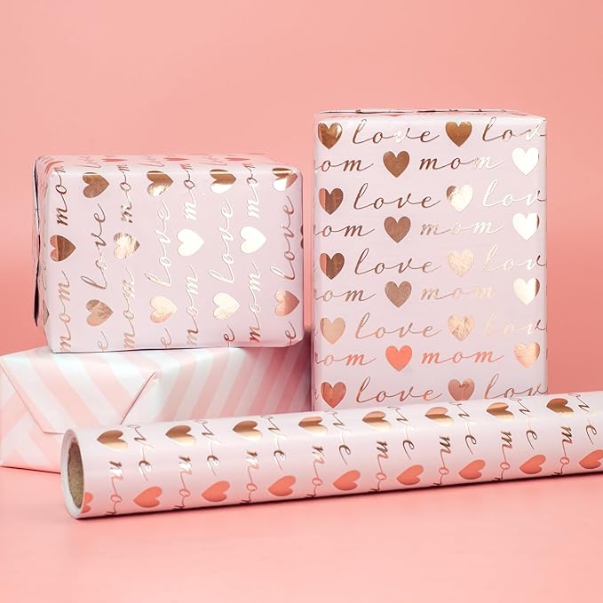 LDGOOAEL Mini Wrapping Paper Roll - Reversible Design (17 Inches X 32.8 Feet) - Love Mom for Mothers Day, Birthday, Baby Shower