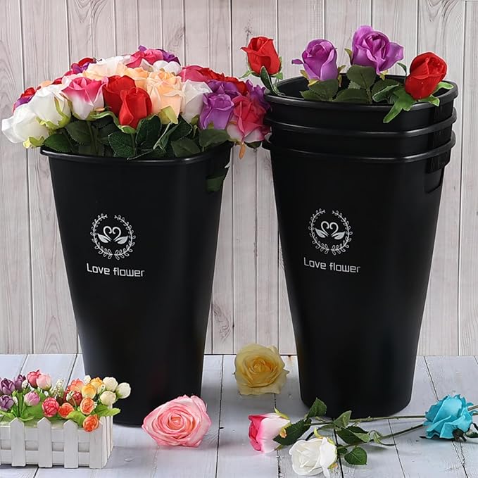4 Pcs 16 Inch Tall Flower Buckets, Plastic Vases Farmhouse Flower French Bucket with Handle, Floral Container Planter Pails (Black)