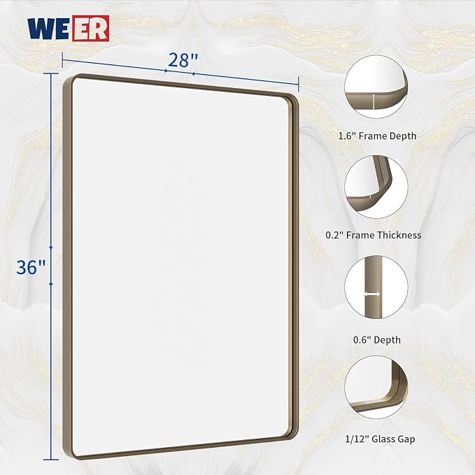 WEER 28x36 Inch Bronze Bathroom Mirror for Vanity, Brushed Bronze Metal Frame Mirror for Wall, Rounded Rectangle Bronze Frame Mirror with Tempered Glass, Anti-Rust (Horizontal/Vertical)