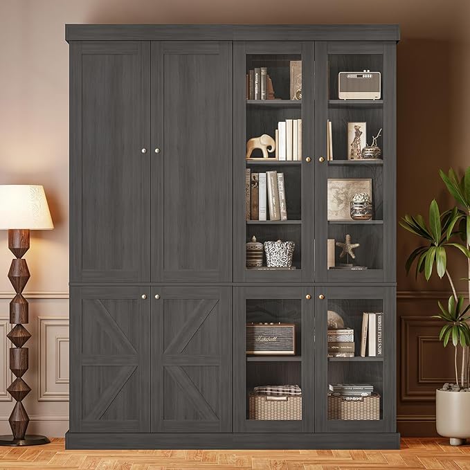 Vyre 70.8" Tall Farmhouse Bookshelf, Modular Bookcase with Glass Doors, 6-Tier Adjustable Shelves, Large Storage Cabinet for Kitchen, Living Room, Black, Set of 4