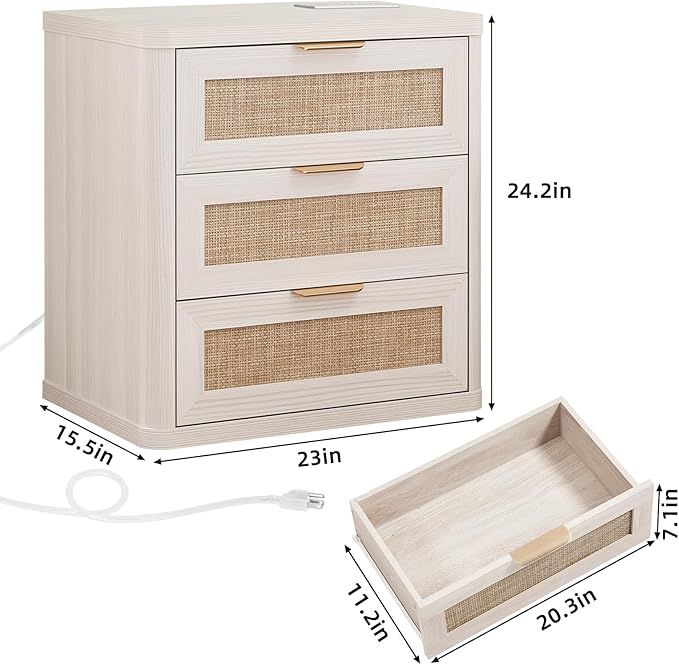 LEYAOYAO Rattan Night Stand with Charger Station, 23" Large 3 Drawer Boho Nightstand, Grey White Bedside Table Storage Cabinet, Bed Side End Tables for Bedroom, Living Room, Hallway