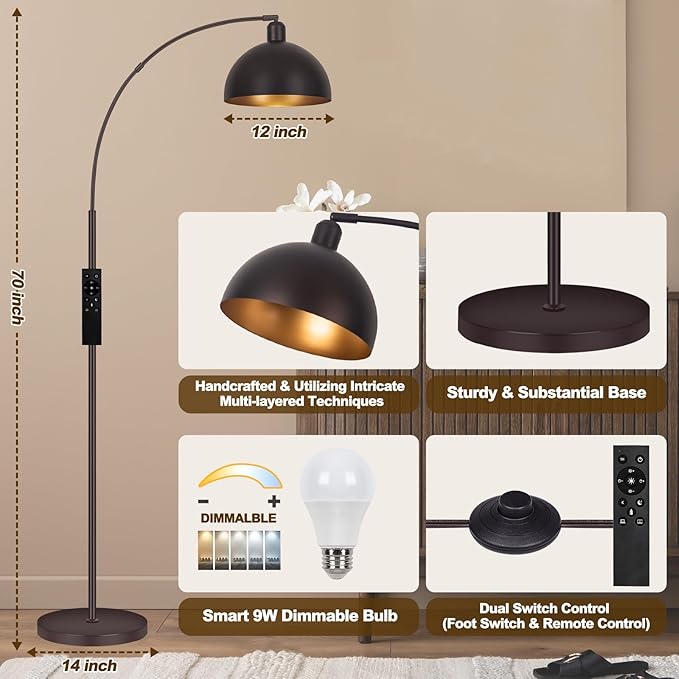 Bronze Arch Floor Lamps for Living Room Dimmable - Upgraded 9W LED Arc Lamp with 4 Color Temperatures, Remote Control Rustic Arched Floor Lamp, Reading Standing Lamp for Bedroom (Bulb Included) Brown