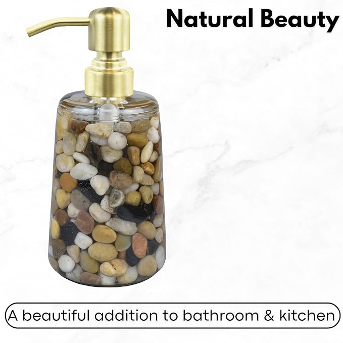 Handmade Refillable Soap Dispenser for Bathroom & Kitchen, Rocks Stone Soap Dispenser with Gold Stainless Steel Pump