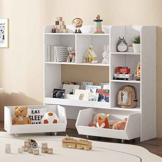 Toy Storage Organizer, Kids Bookshelf and Cabinet for Boys and Girls, Kids Bookcase and Storage Bin with Moveable Drawers for Nursery Room (White)