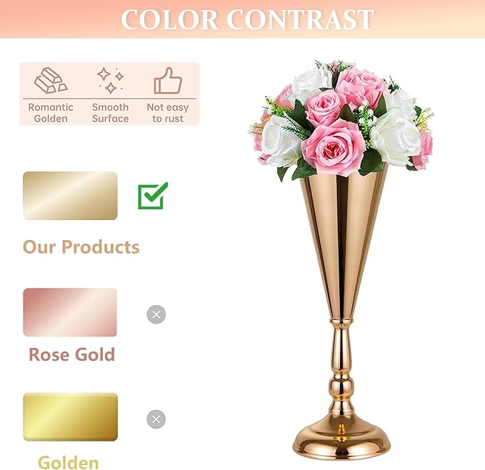 Flower Vases for Centerpieces, 14.56in Gold Wedding Centerpieces for Tables, 2Pcs Metal Flower Arrangements Stand for Wedding Aisle Birthday Party Event Decor