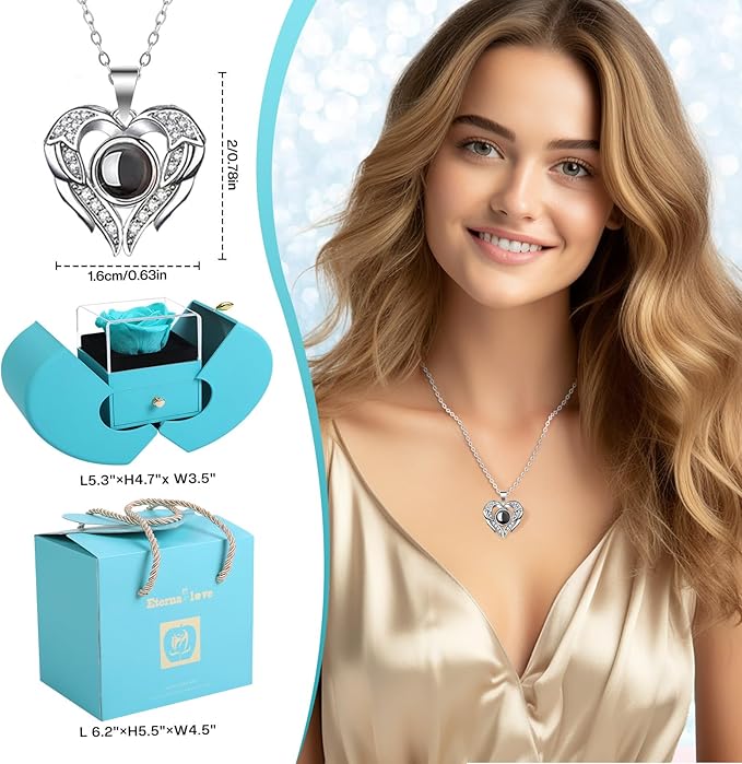 Preserved Rea Cyanl Rose with I Love You Necklace 100 Languages, Gifts for Girlfriend, Women, Mom, Wife, Gifts Idea on Christmas, Valentine's Day, Mother's Day, Birthday, Anniversary, Thanksgiving