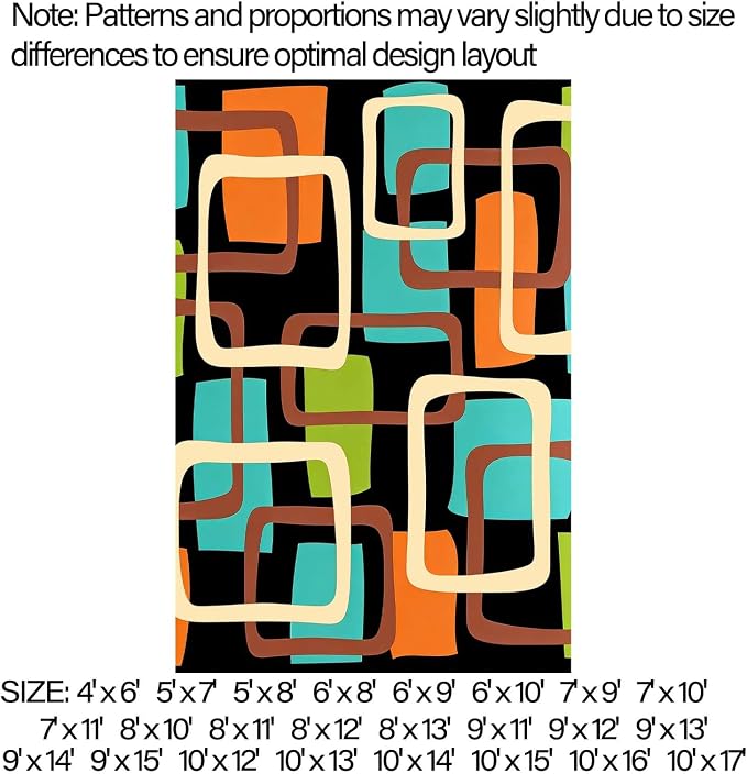 Mid Century Modern Rug, Colorful Abstract Geometric Area Rug, Retro Atomic Starburst Rugs, Washable Non-Slip Soft Low Pile 1950s Carpet for Living Room, Bedroom (6' x 8'(Rectangular))