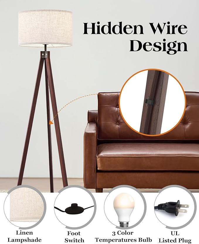 ELYONA Wood Tripod Floor Lamp with 3 Color Temperatures Bulb, Mid Century Modern Reading Standing Light, Farmhouse Floor Light Linen Shade for Living Room Bedroom Office, Walnut, 9W LED Bulb Include