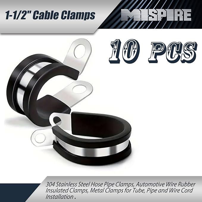 MISPIRE 10 PCS 1-1/2 inch Black R-type Cable Clamps, Stainless Steel Hose Pipe Clamps, Automotive Wire Rubber Insulated Clamps