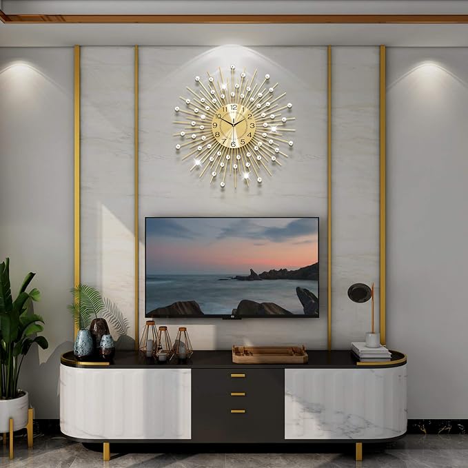 Large Wall Clocks for Living Room Decor Big Silent Wall Clock Battery Operated Non-Ticking for Bedroom Kitchen Home Decorative 24 Inch Gold Round Crystal Metal Wall Watch for Office Indoor