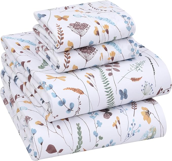 RUVANTI 100% Cotton Full Size Bed Sheets, 4 Pieces, Soft & Breathable Percale Weave Bedding, Deep Pocket 16", Hotel Standard, Crisp Cool Feel, Durable, Perfect Sheet Set Floral, Fern Class