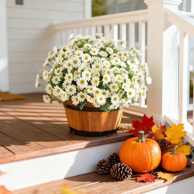 Artificial Daisy Flowers, 8 Bundles UV Resistant Fake Mums for Outdoors, White Silk Fall Flowers for Planters, Porch, Front Door, Garden, Yard, and Indoor Home Decor