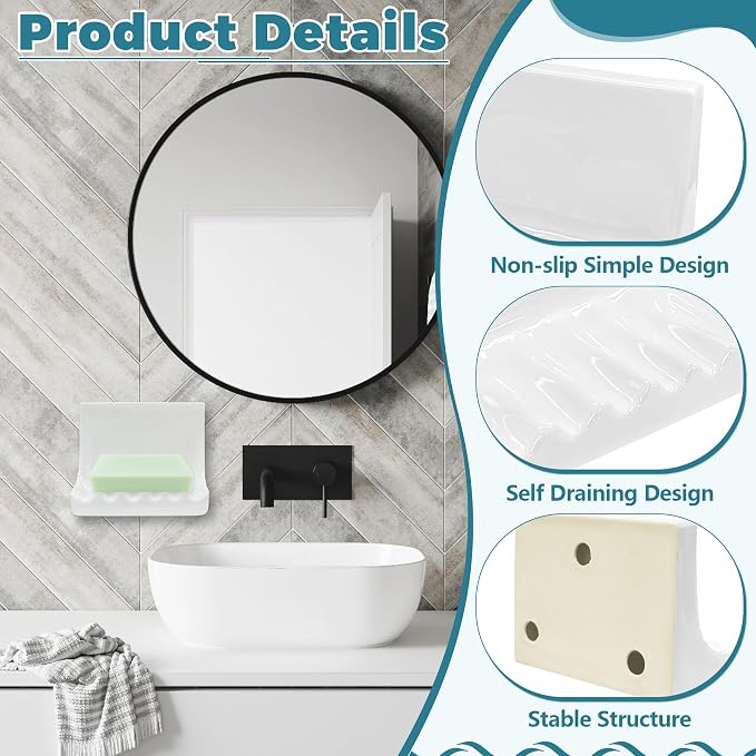 White Vintage Wall-Mounted Ceramic Soap Dish for Shower Wall Retro Ceramic Soap Holder Porcelain Soap Tray for Home Bathtub Bathroom Shower Accessories