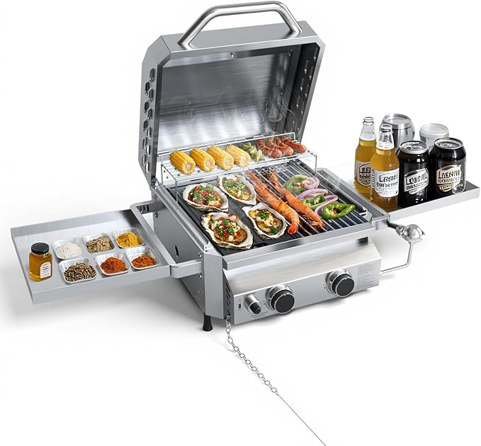 Tabletop Gas Grill, Stainless Steel Portable Propane Grill with Dual Storage Side Platforms – Compact & Powerful 16,000 BTU Dual-Burner BBQ Grill for Garden and Patio Backyard,Camping