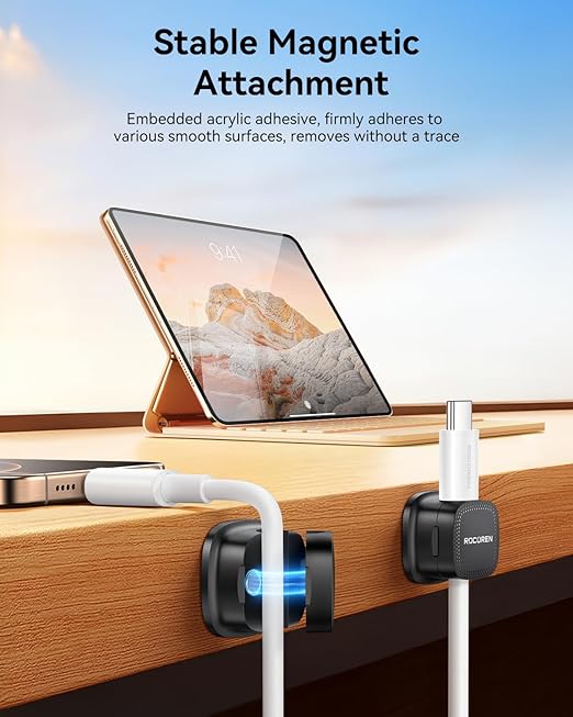 12 Pack Cable Management Cord Organizer,Magnetic Cable Clips-1s Lock,Rocoren Desk Adhesive Cord Cable Clip Wire Holder Keeper for Phone Charger Wire,Nightstand,Car,Office,Desktop Accessory,Black