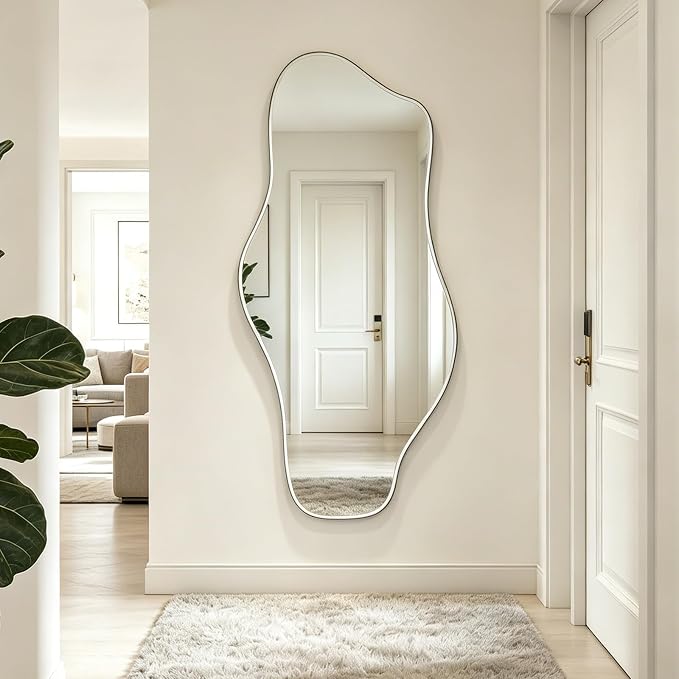 Large Irregular Wall Mirror, 63"x30" Silver Asymmetrical Tempered Glass Mirror, Frameless Organic Shaped Mirrors for Entryway Hallway Bedroom Living Room, Horizontal or Vertical Hanging