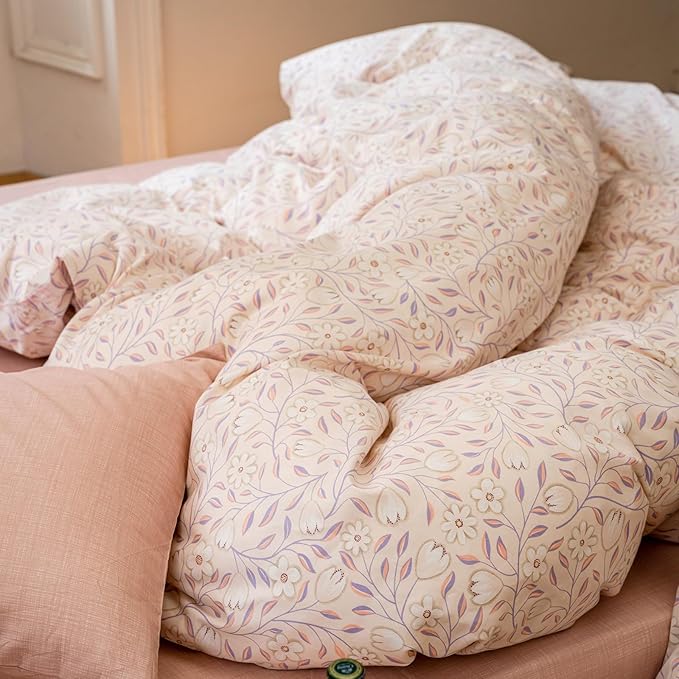 EAVD Pink Botanical Duvet Cover Queen - Soft 100% Cotton Garden Floral Tree Branches Pattern Bedding Set with 2 Pillowcases Vintage Style Comforter Cover with Zipper Closure
