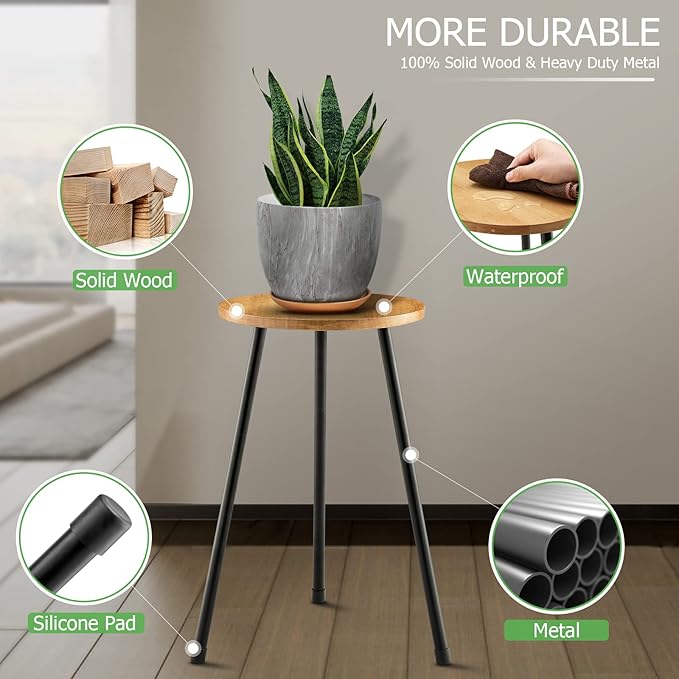 KINNARY Tall Plant Stand, Mid Century Wood Indoor Plant Stand Plant Table for Flower Pots, Metal Plant Holder, Modern Home Decor Small Round Side End Table (11.8"x20")