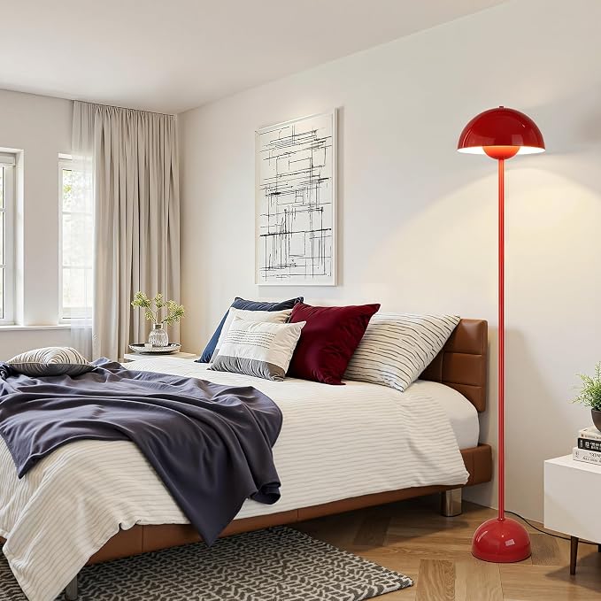 Coucrek Red Floor Lamp for Living Room, 66'' Tall Industrial Standing Lamp with Unique Reflecting Shade, Mid Century Modern Ambient Light for Bedroom Office Corner
