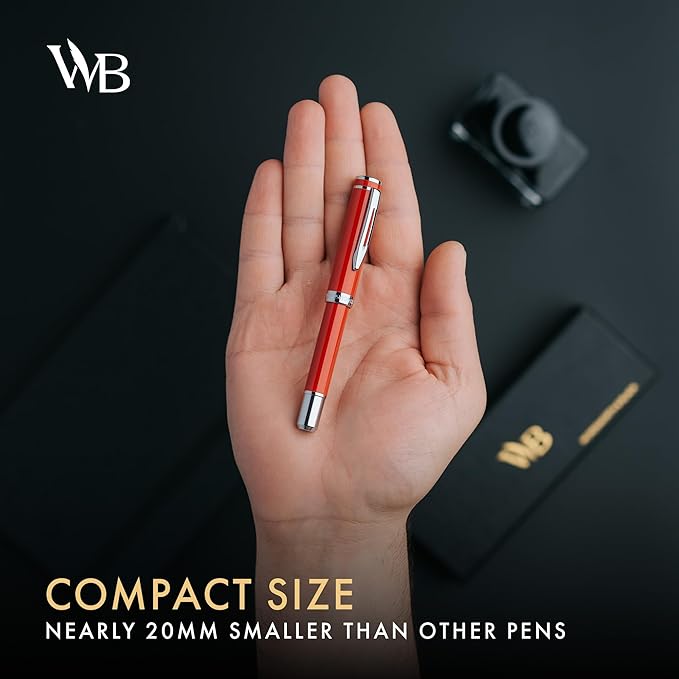 Wordsworth and Black Fountain Pen Mini EDC: Luxury Red Heavy Pocket Pen, Chrome Finish, Medium Nib, 6 Ink Cartridges, Ink Converter, Travel Refillable Writing Pen Gift Set, Men & Women