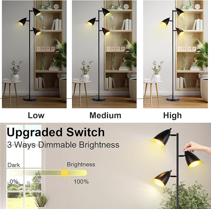 LALISU Tree Floor Lamp for Living Room, Industrial 3-Light Standing Lamp with 3 LED Bulbs, Adjustable Rotation Heads, Standing Tall Pole Lamp Farmhouse Rustic Reading Lamps for Bedroom Office (Black)