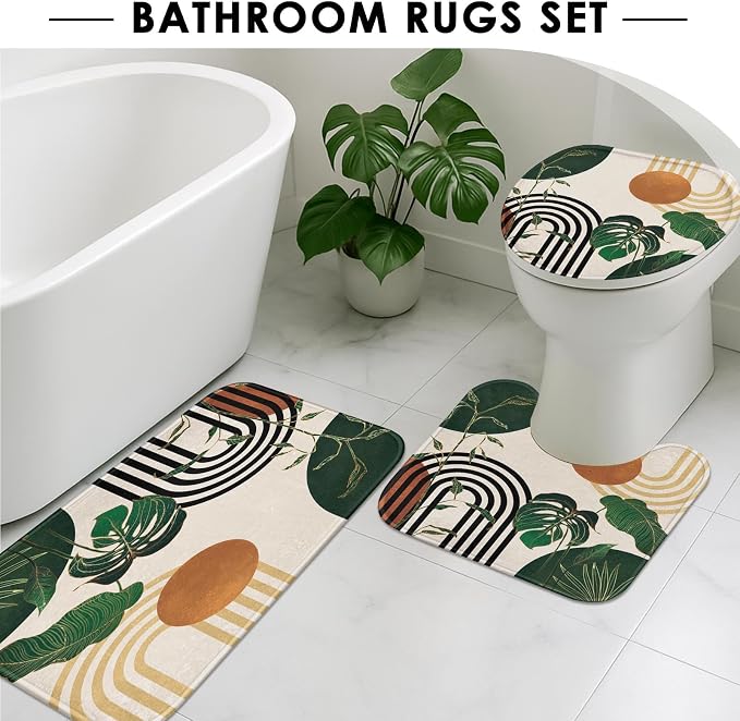 Green Boho Mid Century Shower Curtain Set with Toilet Lid Cover and Non-Slip Rugs, Abstract Retro Tropical 4 Pcs Modern Minimalist Vintage Shower Curtain for Bathroom Set with 12 Hooks