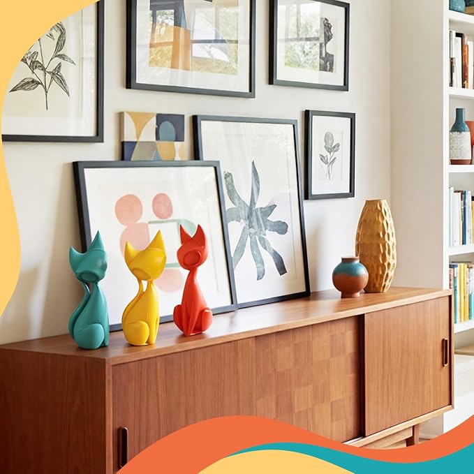 AceOrbit 3pcs Mid Century Modern Decor Medieval Table Decor Resin Cats Orange Blue and Yellow Resin Cats for Home Desktop Sculpture Office Table Desktop Bookshelf Mantelpiece Shelf Centerpiece
