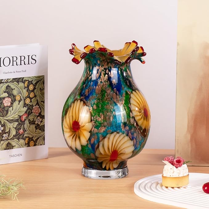 KAMMAK Colored Glass Vase, Beautiful Hand Blown Decorative Vase, Modern Art Vase for Flower Mantle Dining Table Centerpiece, Entryway Living Room Wedding Decoration, SKQ006