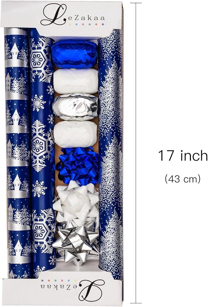 LeZakaa Christmas Wrapping Paper Bundle -Mini Roll with Bow, Ribbon, Sticker, Gift Tag -Navy with Silver Foil Design with Snowy Woodland Scenes/Snowflake/Tree-17x120 inches-3 Rolls (42.5sq.ft.ttl.)