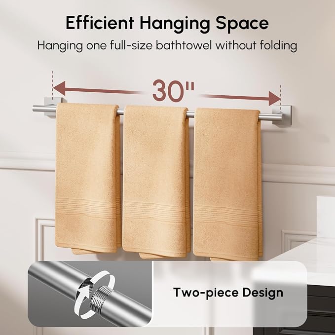 USHOWER Brushed Nickel Bath Towel Bar, 30 Inch Towel Racks for Bathroom Wall Mounted, 304 Stainless Steel Towel Holder with Square Base, Modern Home Decor (Total Length 32 Inch)
