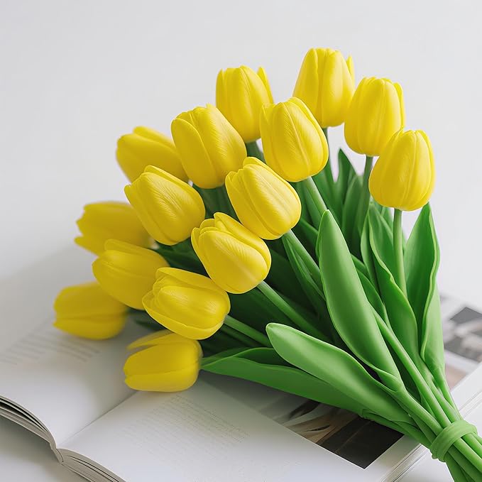 20Pcs Fake Tulips Artificial Flowers Faux Tulips Real Touch PU 13" Yellow Tulip Bouquet for Home Kitchen Decor Home Party Office Decorations