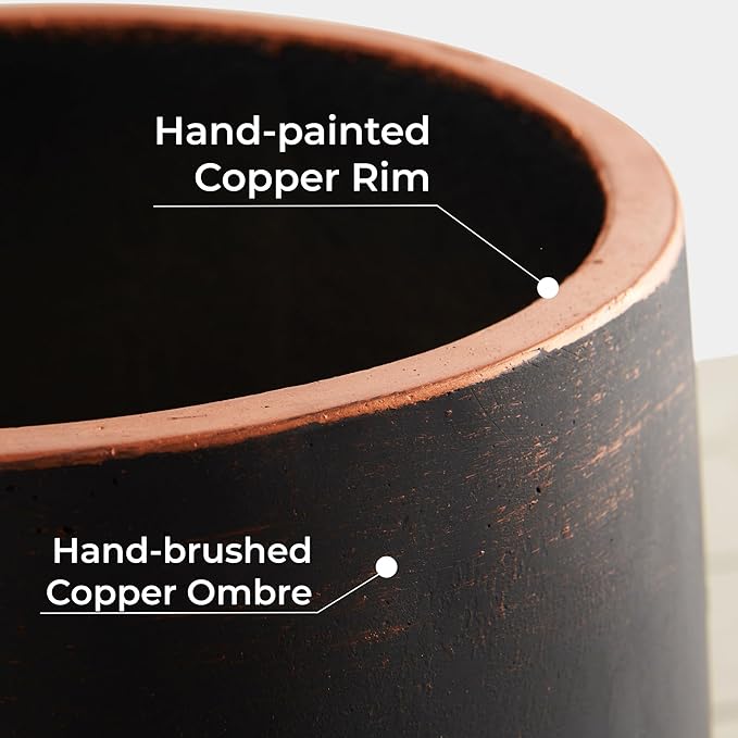 Wallowa 13.3" Dia x 15.3" H Concrete Planter, Outdoor Planter, Black with Gold Rim, Flower Pot with Drainage Hole and Silicone Plug, Plant Container for Garden, Patio, Home, Office, 1 Pack