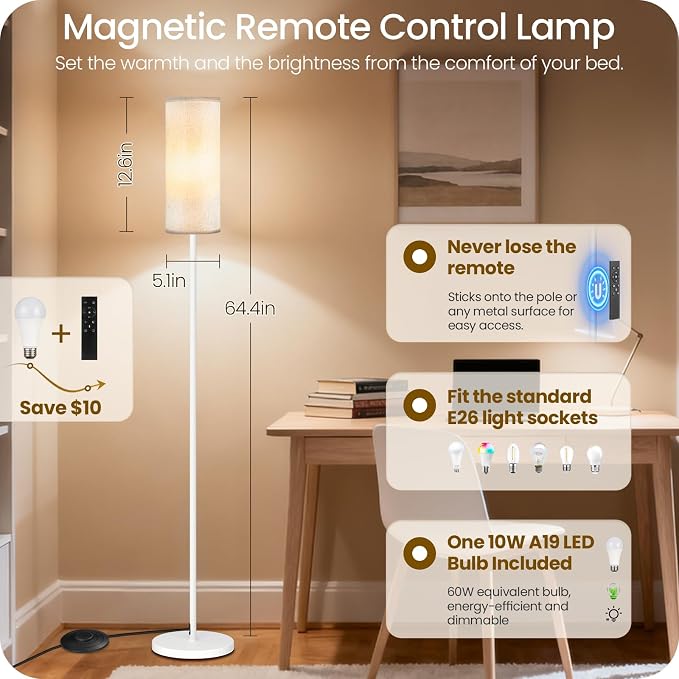 White Floor Lamps for Living Room with Remote and Foot Switch, 64.4” Modern Standing Tall Lamp, Dimmable Corner Lamp for Bedroom, Office, Bulb Included, 3000K-6500K, FCC Listed WW06LD05W1