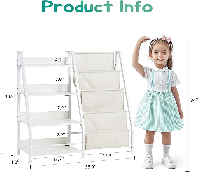 4 Tier Kids Bookshelf Toddler Bookshelf and Toy Storage Organizer, Bookcase Nursery Book Shelf for Bedroom, Playroom and Nursery, White