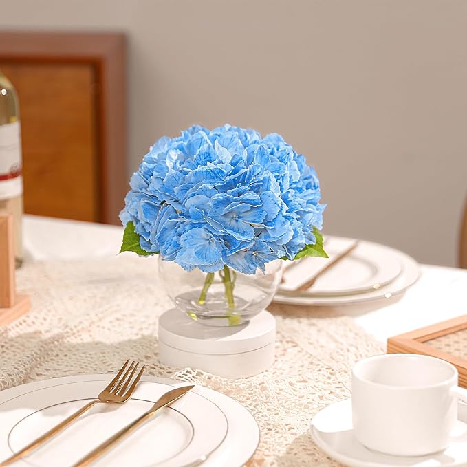 Artificial Hydrangea with Fake Water in Vase, Real Touch Faux Flowers, Silk Fake Hydrangea Flower Arrangement with Faux Water for Home Office Bathroom Wedding Table Centerpiece Decor(Blue)