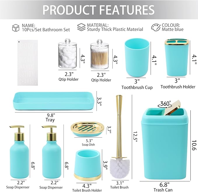 XLHOMO Teal Bathroom Accessories Set - 10 Piece Bathroom Accessory Set with Trash Can, Soap Dispenser, Soap Dish, Toothbrush Holder and Cup, Toilet Brush, Qtip Holder, Bathroom Decor Sets Complete
