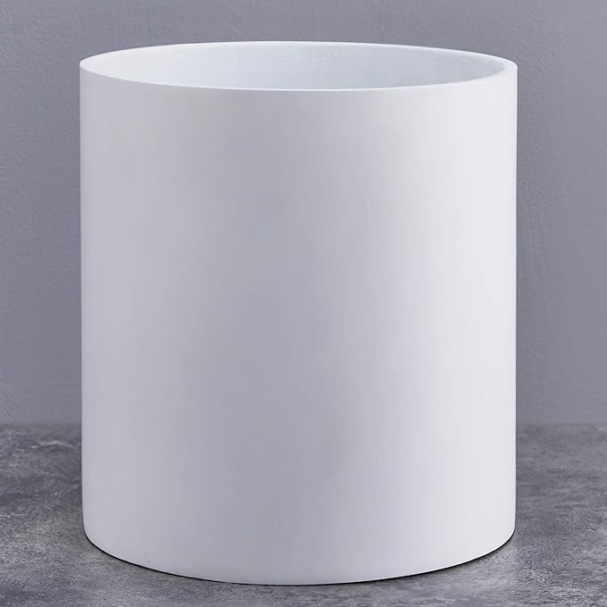FaithLand 14 Inch Fiberstone Planter - Lightweight Modern Cylinder Plant Pot with Drainage Hole & Plug, Indoor Outdoor Use, Matte White