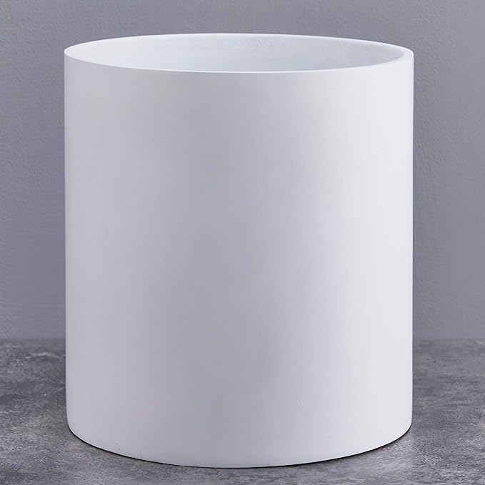 FaithLand 10 Inch Fiberstone Planter - Lightweight Modern Cylinder Plant Pot with Drainage Hole & Plug, Indoor Outdoor Use, Matte White