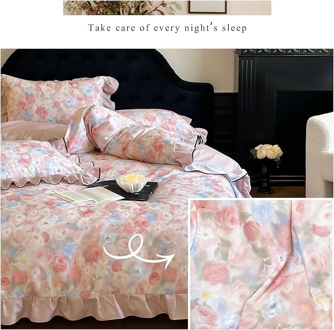 HighBuy Girl French Ruffle Duvet Cover Full Size,Coquette Ruffle Bedding Brushed Cotton Pink Rose Floral Comforter Cover Set for College,Farmhouse Chic Bedding Set Breathable