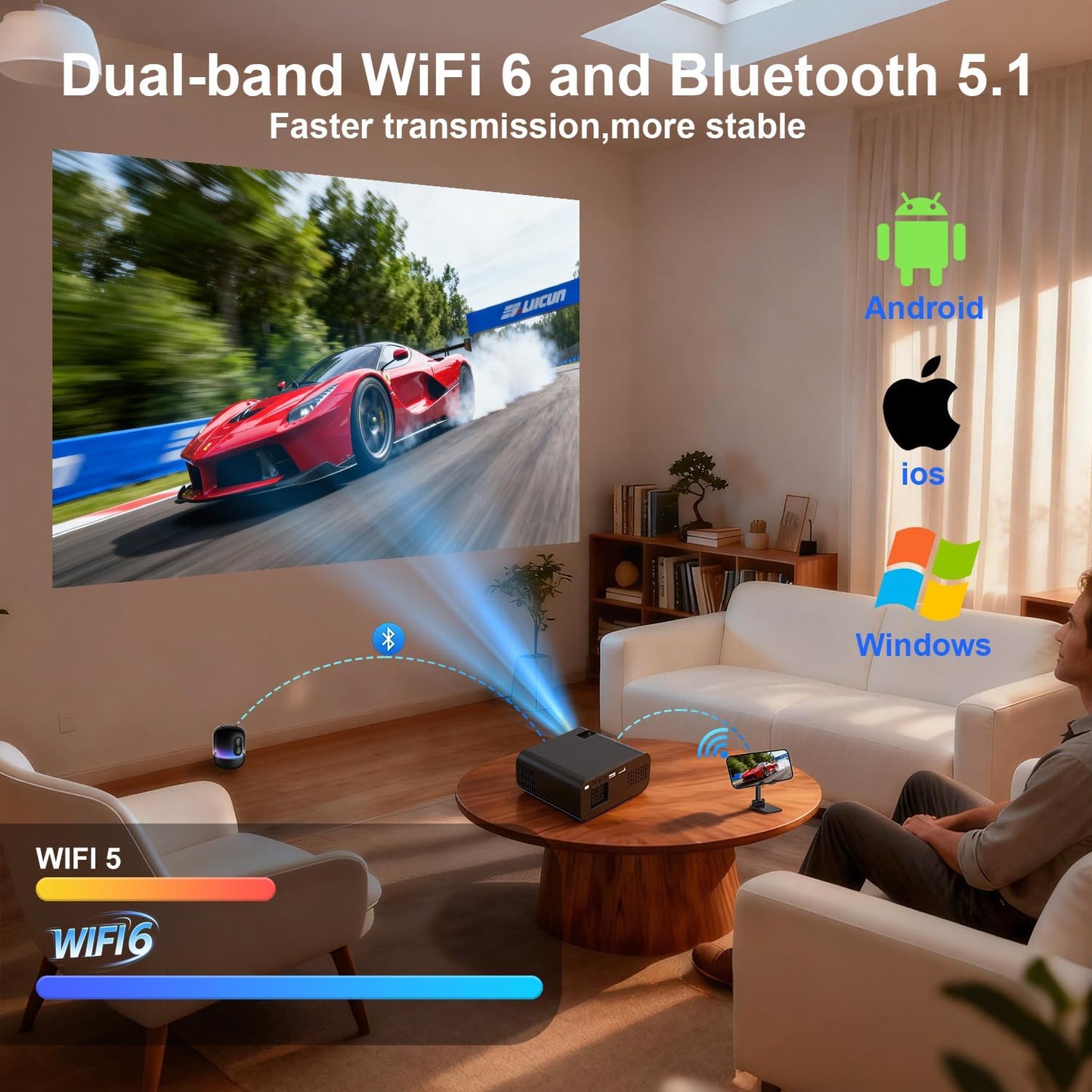 Skiennix Mini Projector - 4K 1080P Portable Projector with WiFi & Bluetooth | Auto Keystone Correction, 32"-150" Screen