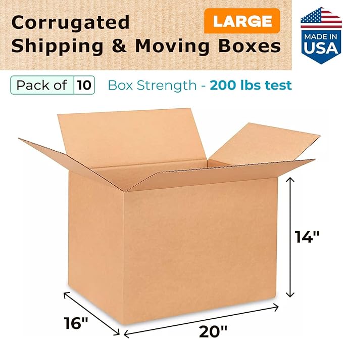 Large Shipping & Moving Boxes 20x16x14 inches (10-Pack) - Extra Strength 200 lb vs Regular - Corrugated Moving Boxes for USPS/UPS/FEDEX - Cardboard Moving Box - Box for Moving by IDL Packaging
