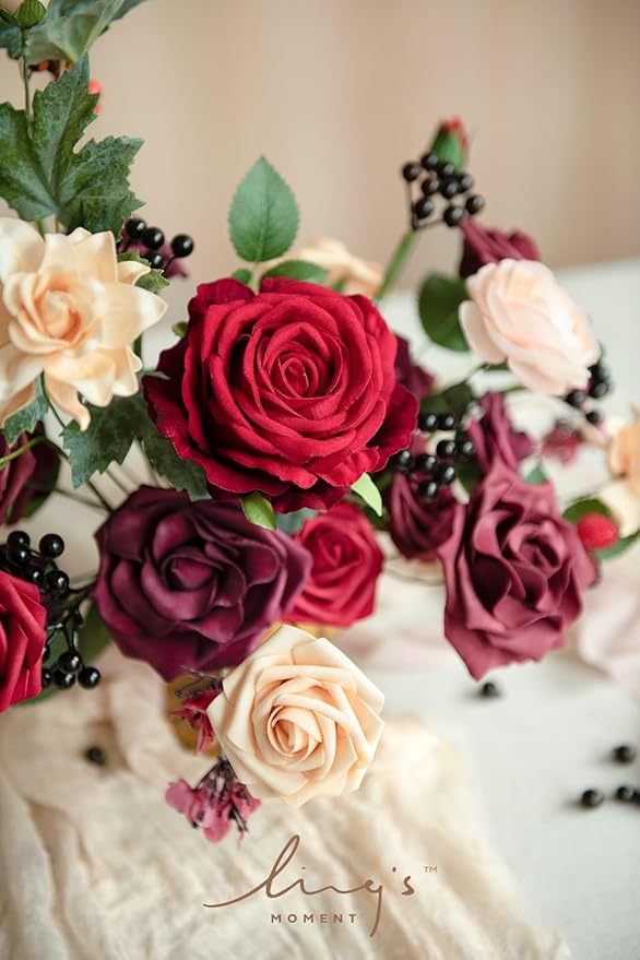 Ling's moment Fake Flowers Box, Faux Greenery Stems Silk Rose Artificial Ranunculus Foam Gardenia for Wedding Bouquets Centerpieces Table Decorations Floral Arrangement, Bordeaux Red, Deluxe Combo