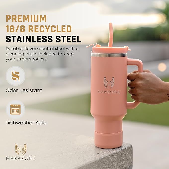 40 oz Insulated Tumbler with Handle and Straw – Double Wall Stainless Steel Vacuum Cup | Car Cup Holder Fit | Hot Cold Travel Mug | BPA Free Reusable Water Bottle Gift for Her (Sunset Pink)