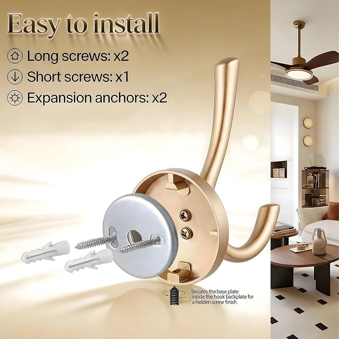 Matte Gold Towel Hooks 4 Pack, Heavy Duty Zinc Alloy Double Prong Coat Robe Hooks, Wall Mounted Towel Hooks for Bathroom, Kitchen, Closet, Garage, Entryway (195gold)
